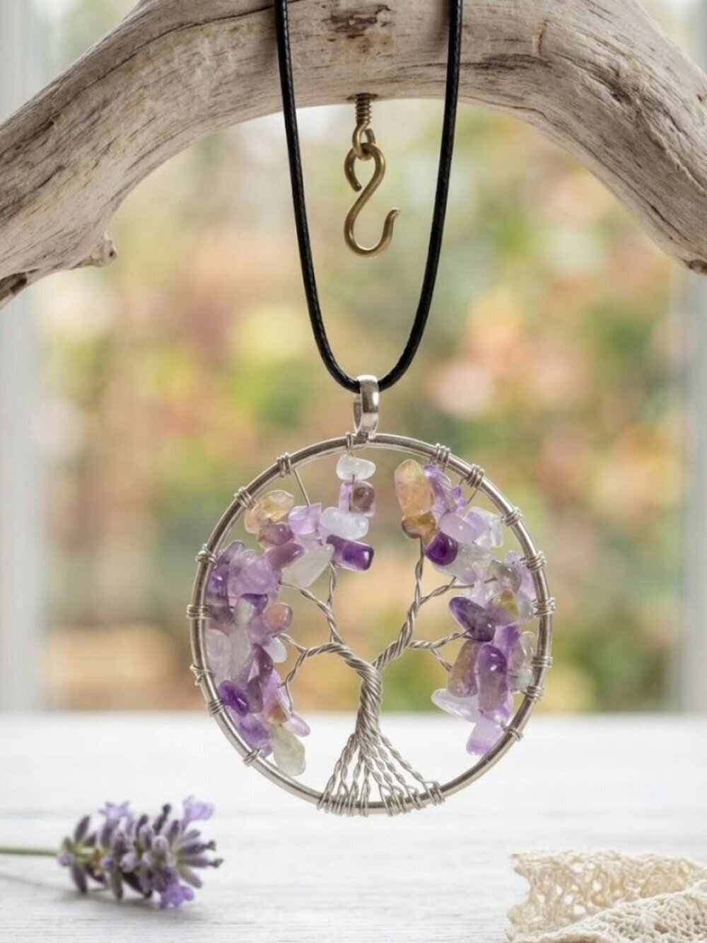 Genuine Amethyst Crystal Tree of Life Pendant Necklace Silver Plated Cottagecore